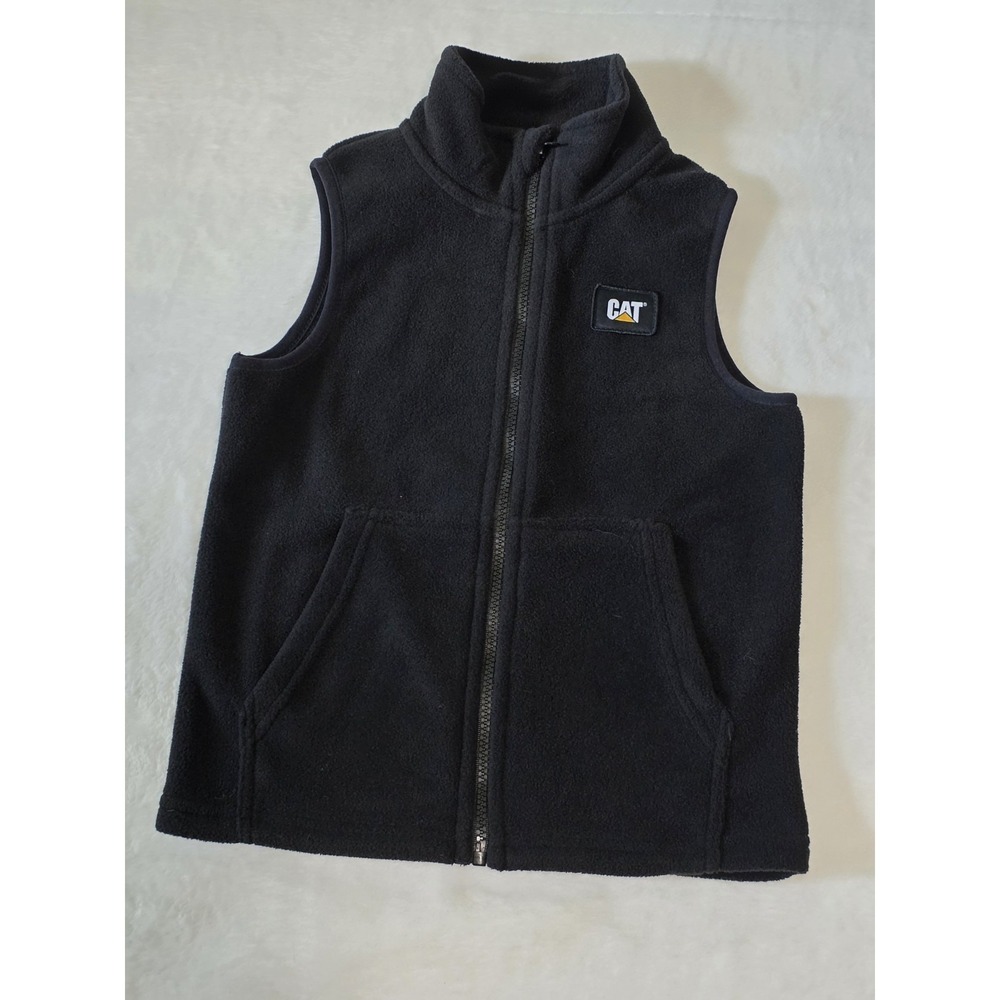CAT Caterpillar Boys Size XS 5/6 Black Zip Up Fleece Vest CAT Logo